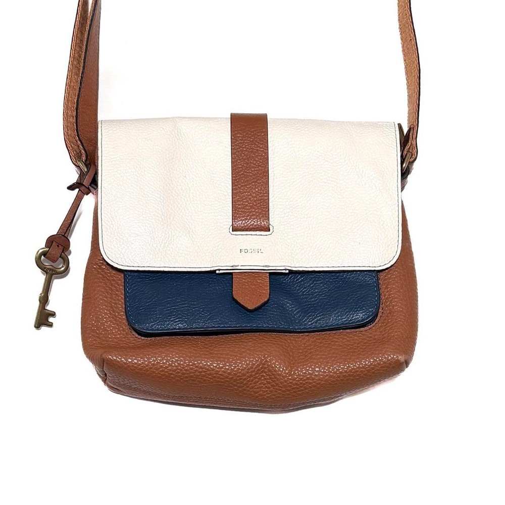 Retro Brown, Blue , and White Fossil Real Leather Crossbody Purse